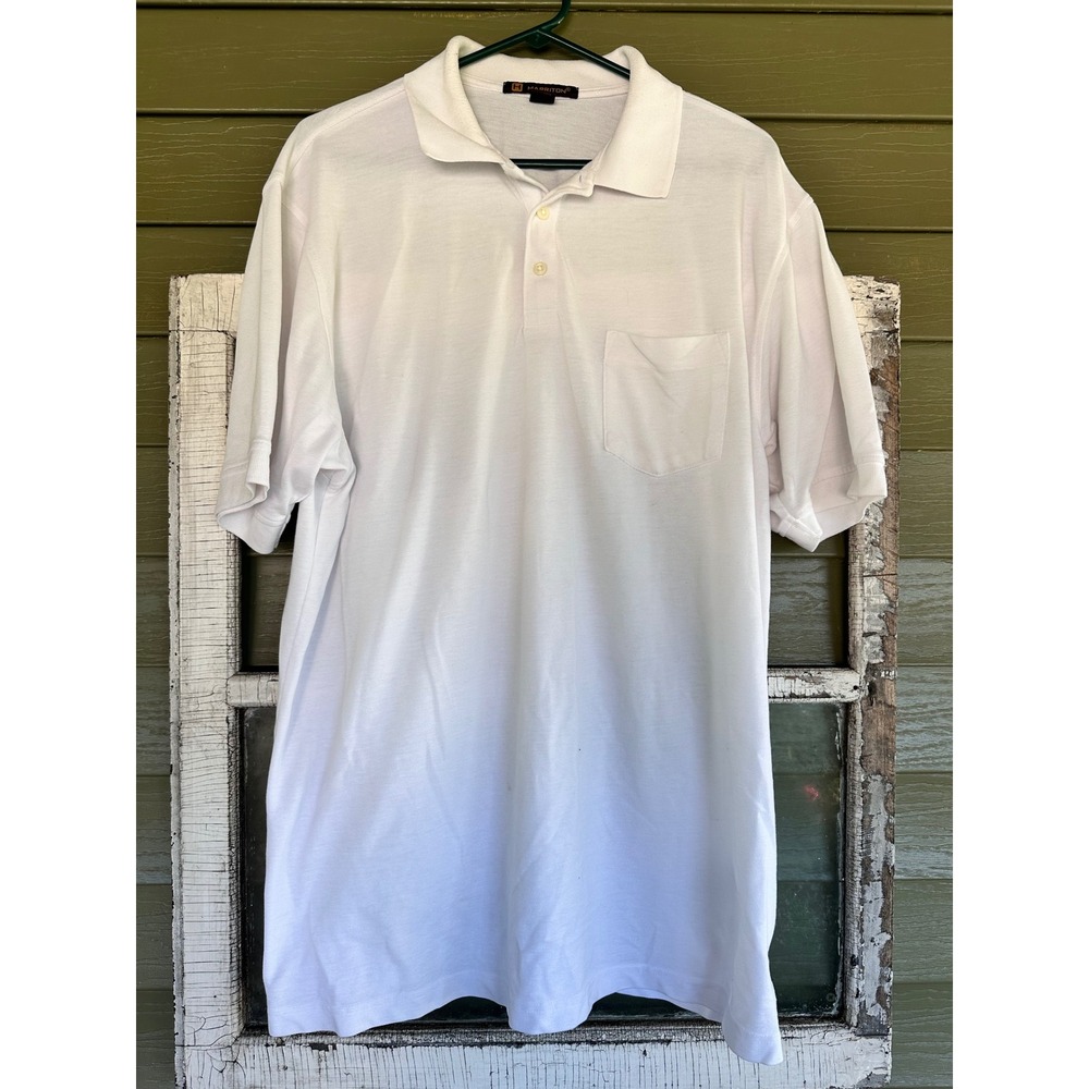 Harriton Mens White Short Sleeve Pocket Polo Shirt Size XL Cotton Blend Workwear